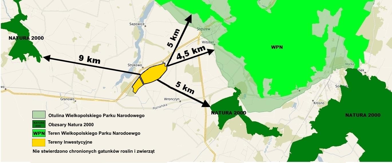 Odległość terenów inwestycyjnych od