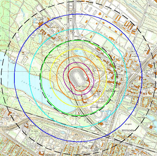 Do oceny zagrożenia warunków akustycznych w środowisku istotny jest przebieg izolinii 50 db i 55 db (wartości dopuszczalne wg Tab.