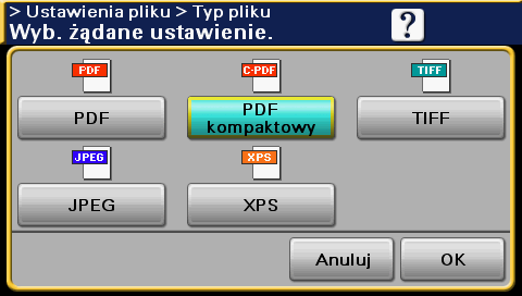 6.3 Przesyłanie z wybranymi ustawieniami trybu Koloru i Typu pliku 6 Typ pliku PDF PDF kompaktowy TIFF JPEG XPS Opis Tego typu plik można wyświetlić w programie Adobe Reader.