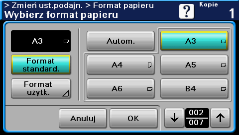 3 Kopiowanie na kopertach 3.5 2 Określić rodzaj i format papieru. % Jeśli załadowane zostały koperty, należy wybrać ustawienie papieru [Koperta].