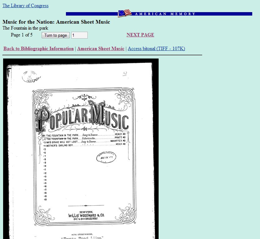 Jedna z kolekcji dokumentów muzycznych Library of Congress - Music for the Nation: American Sheet Music Zawiera nuty 62,500 utworów z lat 1820-1885 Nuty w formacie