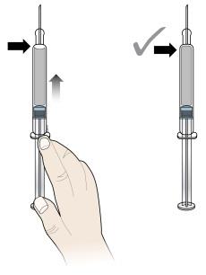 Krok 2.: Przygotowanie bezpośrednie A Ostrożnie zdjąć szarą nasadkę z igły prosto w osi ampułko-strzykawki trzymanej z dala od ciała pacjenta.