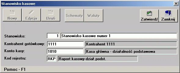 Stanowiska kasowe Rozdział 3 Stanowiska kasowe Funkcja służy do zmiany stanowiska kasowego, zmiany definicji istniejącego stanowiska kasowego, usuwania stanowiska kasowego oraz definiowania nowego