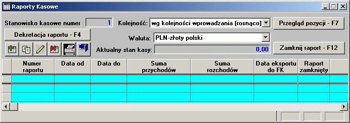 Operacje kasowe Na formatce wyświetlającej zarejestrowane raporty kasowe znajdują się następujące informacje: Stanowisko kasowe numer numer stanowiska kasowego wybranego przez kasjera-operatora