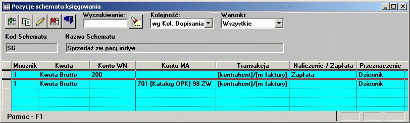 Schematy księgowań 5.1 Definicja schematu dekretowania Naciśnięcie przycisku spowoduje wyświetlenie definicji księgowania dla podświetlonego schematu dekretowania.