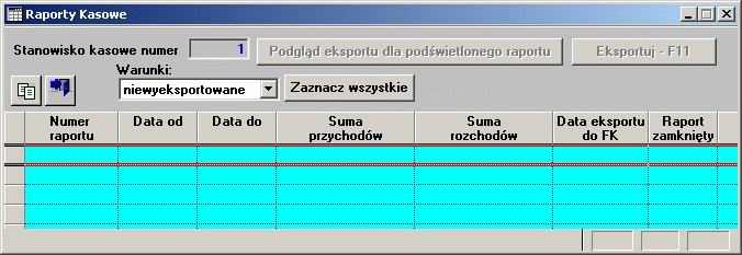 Eksport raportów kasowych do dziennika FK Rozdział 6 Eksport raportów kasowych do dziennika FK Wprowadzone, sprawdzone i zamknięte raporty kasowe można wyeksportować do dziennika dokumentów modułu FK.