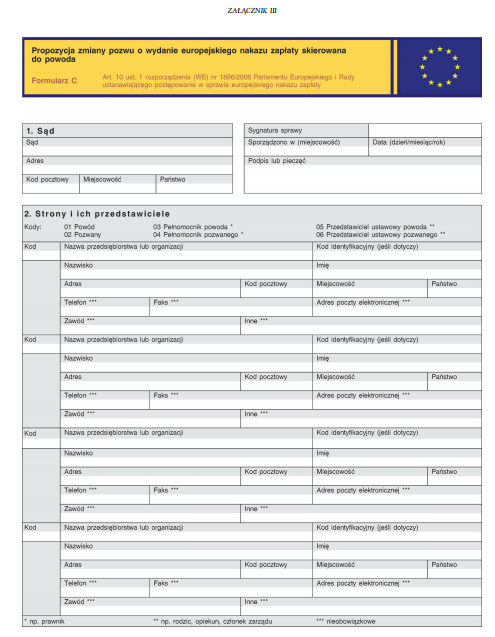 Postępowanie naprawcze - formularz C 30 Dotyczy przypadków, gdy sąd