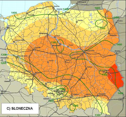 Roczna gęstość promieniowania słonecznego w Polsce na płaszczyznę poziomą waha się w granicach 950 1081 kwh/m 2.