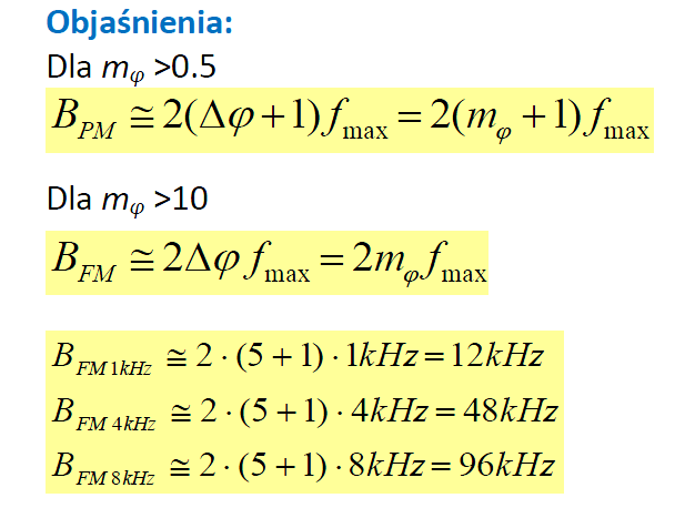 23. Szerokośc pasma sygnału PM, w którym dewiacja fazy ΔψPM = mφ = 5 jest stała, wyznaczona na podstawie przybliżonego wzoru Carsona dla sygnałów modulujących o różnych częstotliwościach: 1 khz, 4