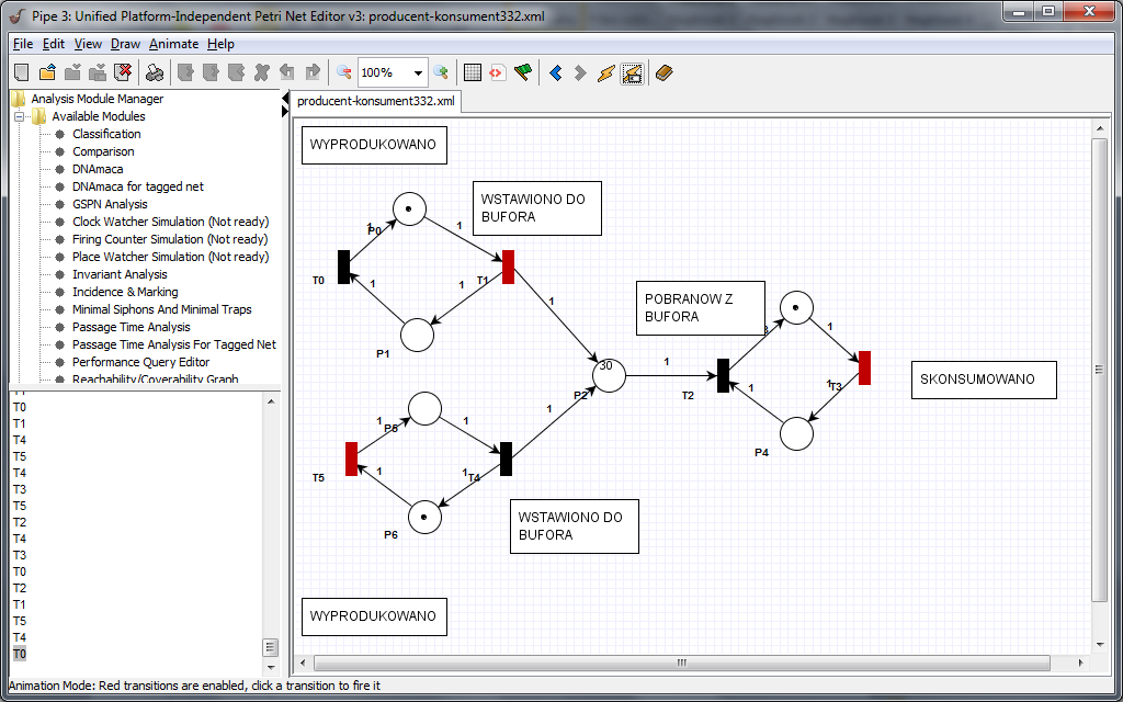 Rysunek 17. Symulacja sieci Petriego w przypadku dodania producenta. Dodanie producenta do sieci Petriego z punktu 3.3.1 wywiera największy wpływ na bufor.