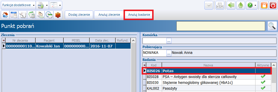 Punkt pobrań w mmedica 4.3 Anulowanie wybranego badania W wersji 5.6.0 aplikacji mmedica dodano funkcjonalność anulowania poszczególnych badań wchodzących w skład zlecenia.