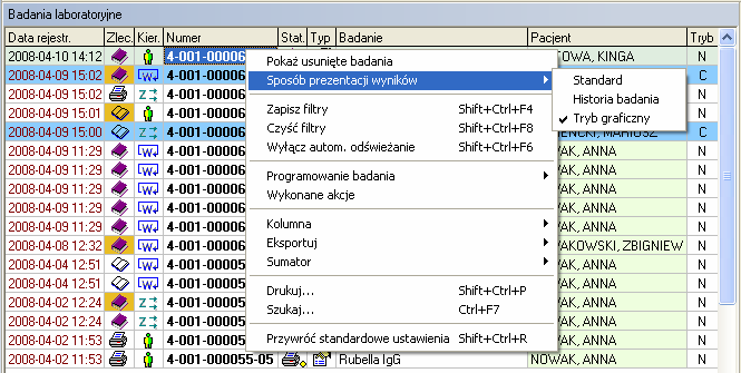 próbki, wykorzystanej do wykonania zaznaczonego badania. Dostępne są trzy sposoby prezentacji wyników: Standard, Historia badania, Tryb graficzny.