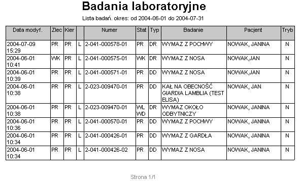 Rysunek 117 Ustawienia drukowania wydruk wyników wybranego badania WYDRUKI TABELARYCZNYCH DANYCH W zakresie obsługi całego systemu KS-SOLAB, moŝliwe jest drukowanie zawartości poszczególnych tabel