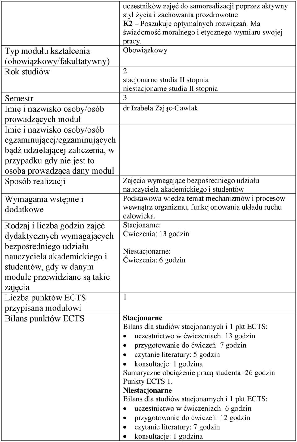 osoby/osób egzaminującej/egzaminujących bądź udzielającej zaliczenia, w przypadku gdy nie jest to osoba prowadząca dany moduł Sposób realizacji Wymagania wstępne i dodatkowe Rodzaj i liczba godzin