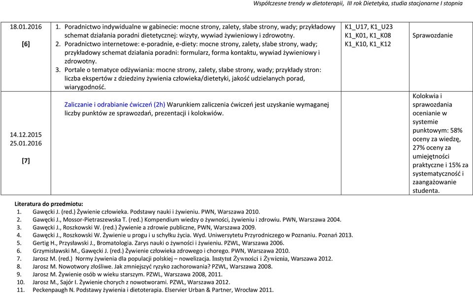 Poradnictwo internetowe: e-poradnie, e-diety: mocne strony, zalety, słabe strony, wady; przykładowy schemat działania poradni: formularz, forma kontaktu, wywiad żywieniowy i zdrowotny. 3.