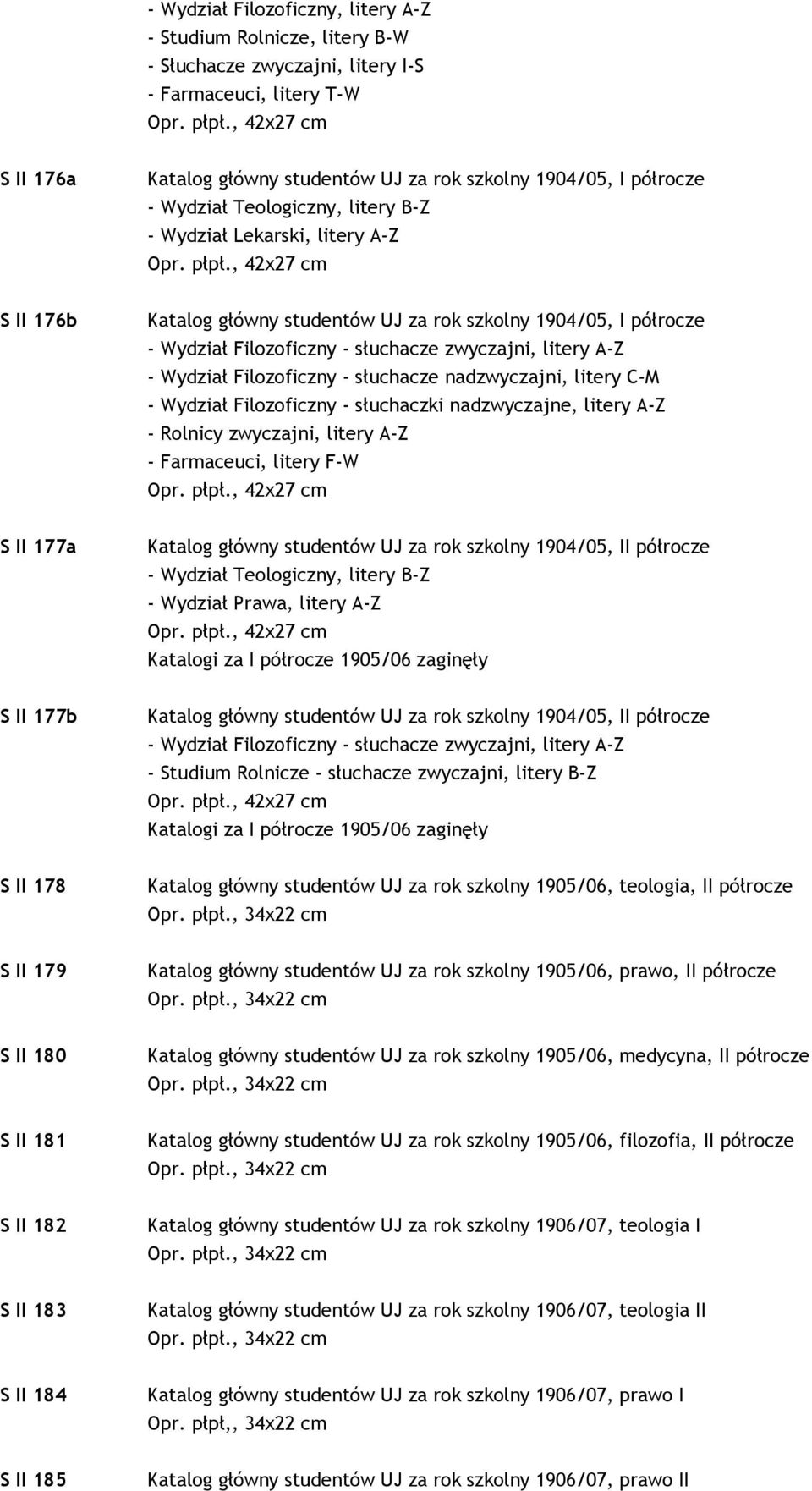 , 42x27 cm S II 176b Katalog główny studentów UJ za rok szkolny 1904/05, I półrocze - Wydział Filozoficzny - słuchacze zwyczajni, litery A-Z - Wydział Filozoficzny - słuchacze nadzwyczajni, litery