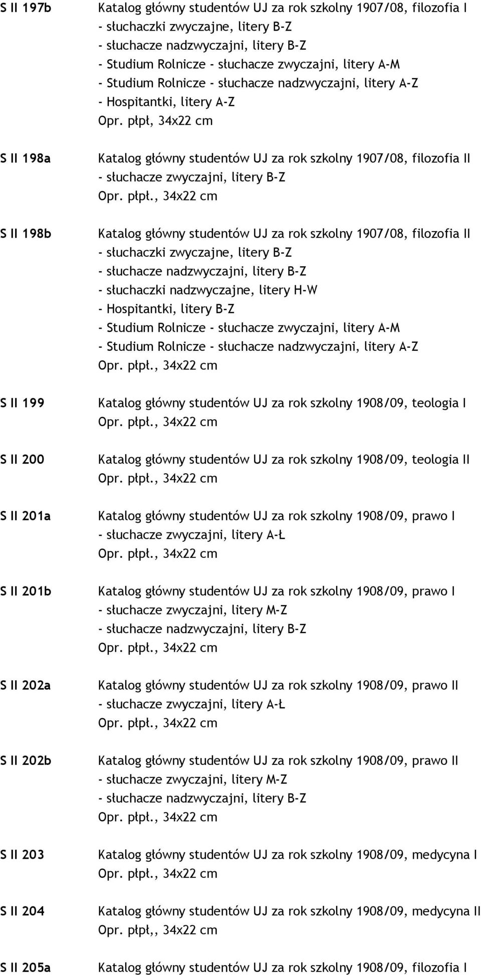 płpł, 34x22 cm S II 198a Katalog główny studentów UJ za rok szkolny 1907/08, filozofia II - słuchacze zwyczajni, litery B-Z Opr. płpł.