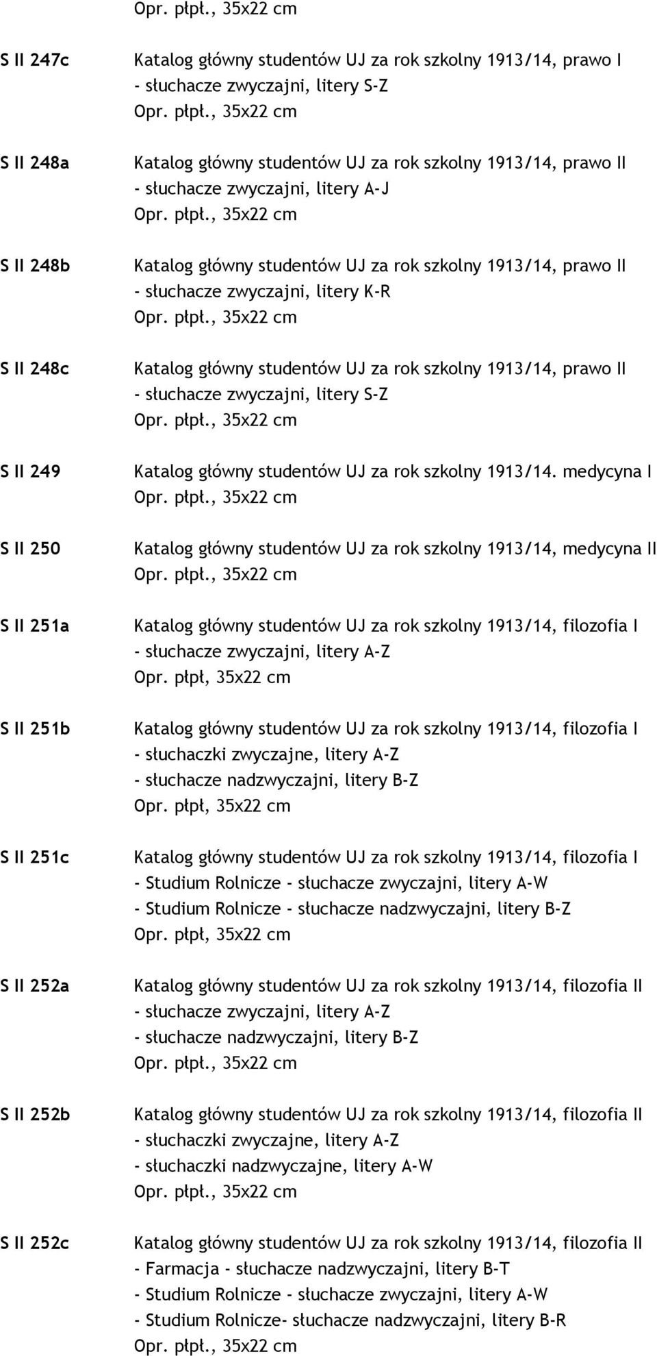 zwyczajni, litery S-Z S II 249 Katalog główny studentów UJ za rok szkolny 1913/14.