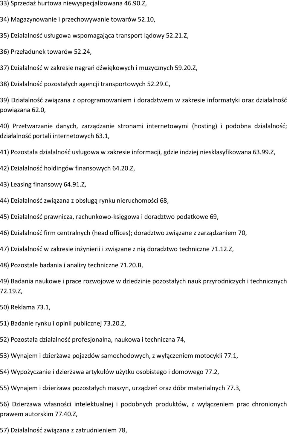 C, 39) Działalność związana z oprogramowaniem i doradztwem w zakresie informatyki oraz działalność powiązana 62.