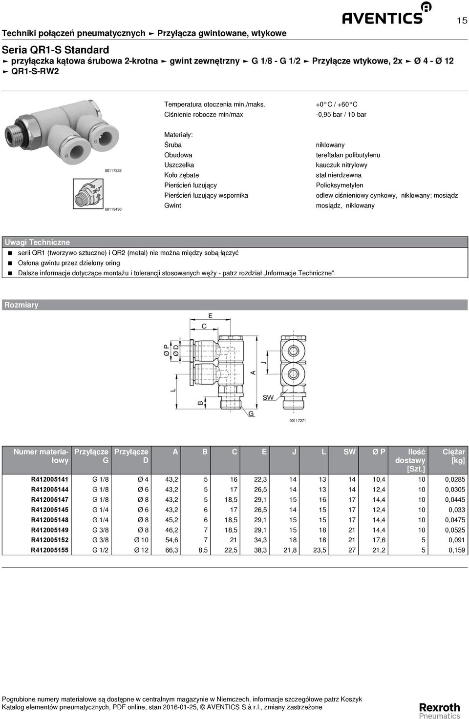 00117271 A B C E J L SW Ø P Ilość R412005141 1/8 Ø 4 43,2 5 16 22,3 14 13 14 10,4 10 0,0285 R412005144 1/8 Ø 6 43,2 5 17 26,5 14 13 14 12,4 10 0,0305 R412005147 1/8 Ø 8 43,2 5 18,5 29,1 15 16 17 14,4