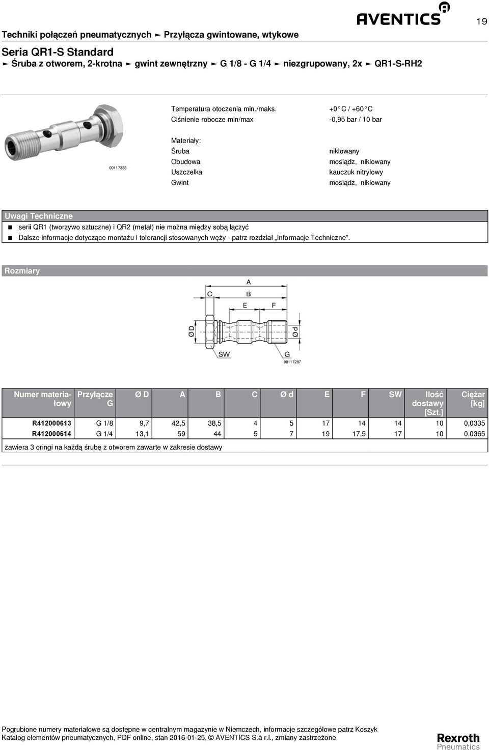 00117287 Ø A B C Ø d E F SW Ilość R412000613 1/8 9,7 42,5 38,5 4 5 17 14 14 10 0,0335 R412000614 1/4 13,1 59 44 5 7 19 17,5 17