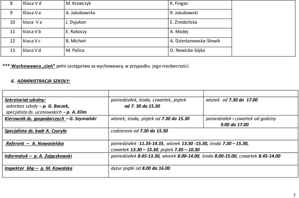 ADMINISTRACJA SZKOŁY: Sekretariat szkolny: sekretarz szkoły p. G. Boczek, specjalista ds. uczniowskich p. A. Klim poniedziałek, środa, czwartek, piątek od 7. 30 do 15.30 wtorek od 7.30 do 17.