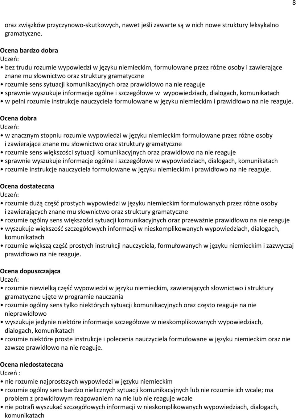 oraz prawidłowo na nie reaguje sprawnie wyszukuje informacje ogólne i szczegółowe w wypowiedziach, dialogach, komunikatach w pełni rozumie instrukcje nauczyciela formułowane w języku niemieckim i