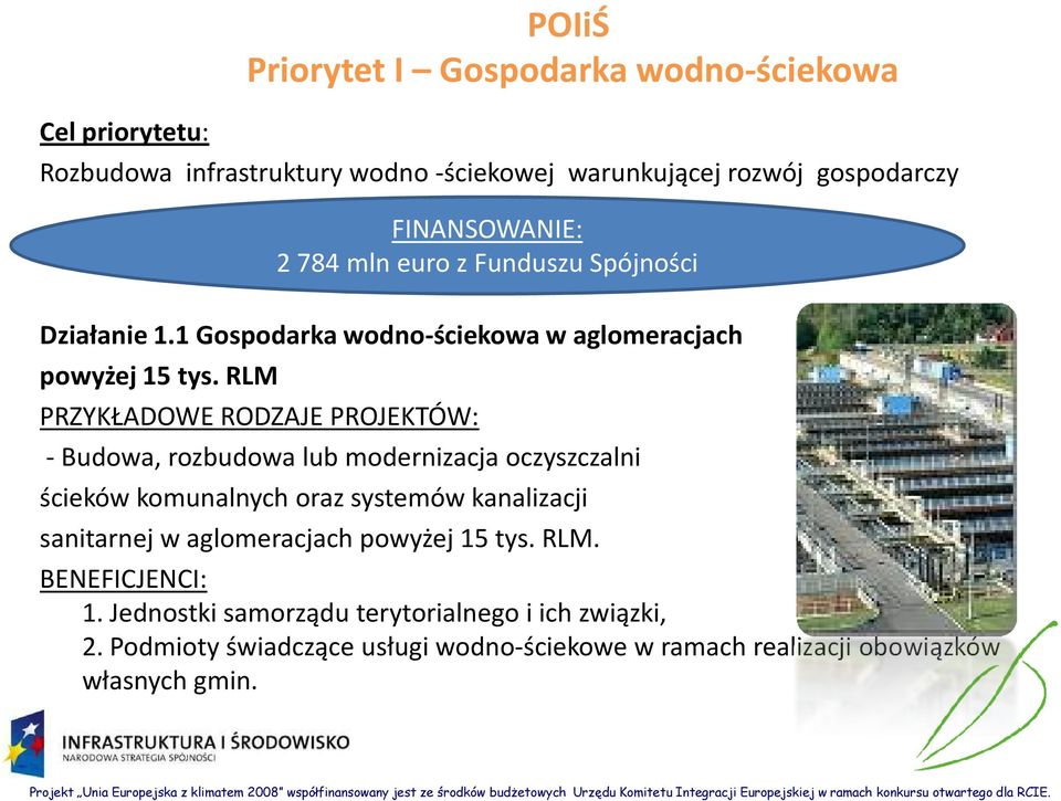 RLM PRZYKŁADOWE RODZAJE PROJEKTÓW: -Budowa, rozbudowa lub modernizacja oczyszczalni ścieków komunalnych oraz systemów kanalizacji sanitarnej w