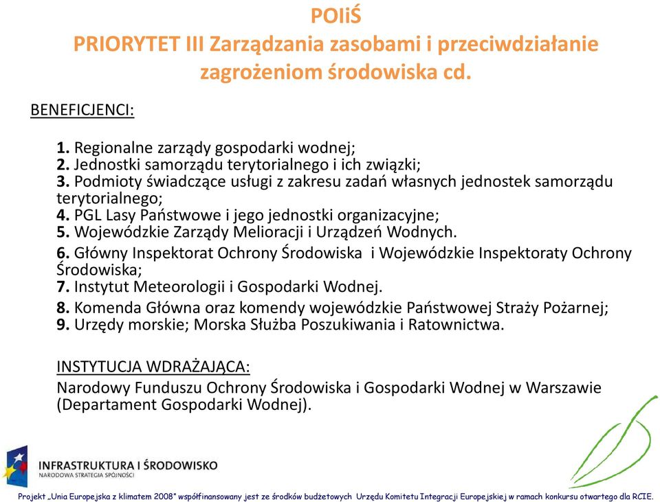 Wojewódzkie Zarządy Melioracji i Urządzeń Wodnych. 6. Główny Inspektorat Ochrony Środowiska i Wojewódzkie Inspektoraty Ochrony Środowiska; 7. Instytut Meteorologii i Gospodarki Wodnej. 8.