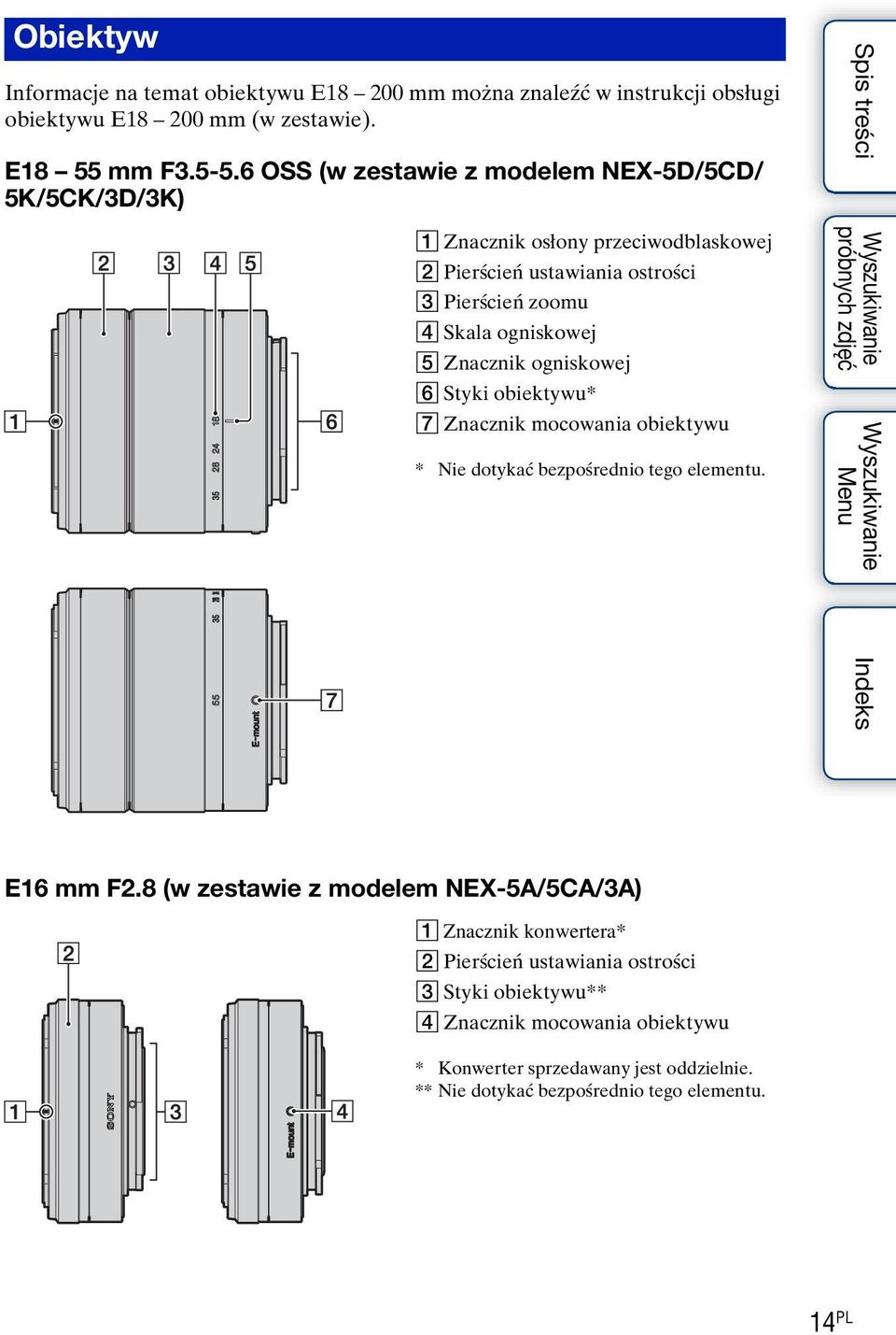 Znacznik ogniskowej F Styki obiektywu* G Znacznik mocowania obiektywu * Nie dotykać bezpośrednio tego elementu. E16 mm F2.