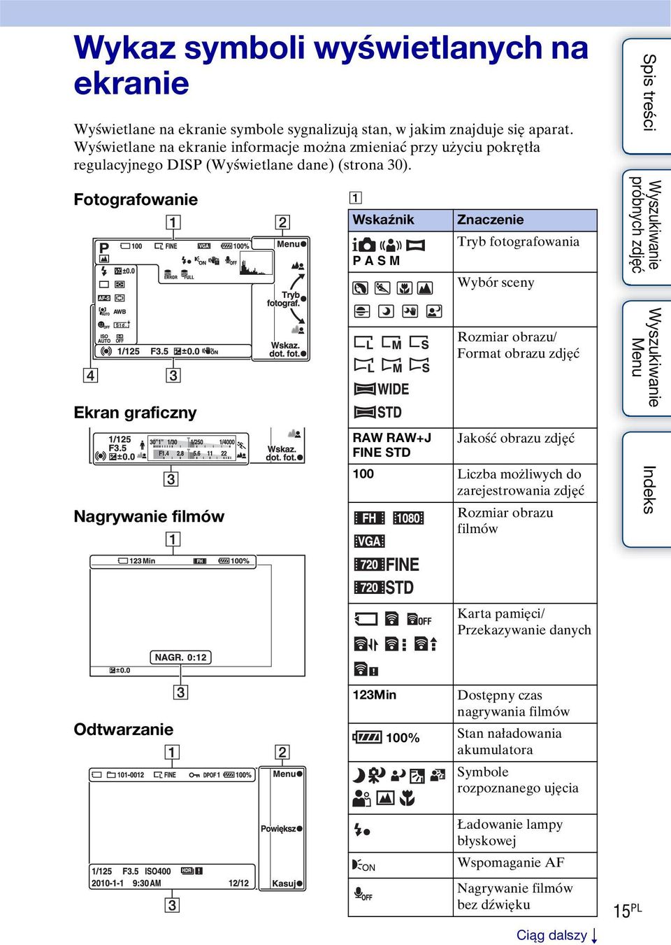 Fotografowanie A Wskaźnik P A S M Znaczenie Tryb fotografowania Wybór sceny Ekran graficzny Nagrywanie filmów Rozmiar obrazu/ Format obrazu zdjęć RAW RAW+J Jakość obrazu zdjęć FINE