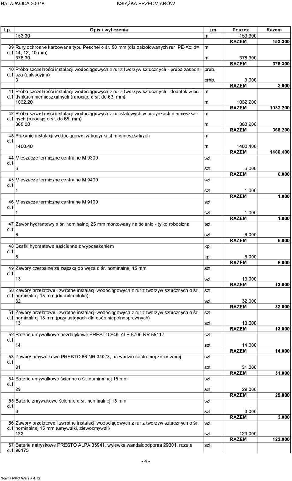 prob. 3.000 41 Próba szczelności instalacji wodociągowych z rur z tworzyw sztucznych - dodatek w budynkach nieieszkalnych (rurociąg o śr. do 63 ) 1032.20 1032.