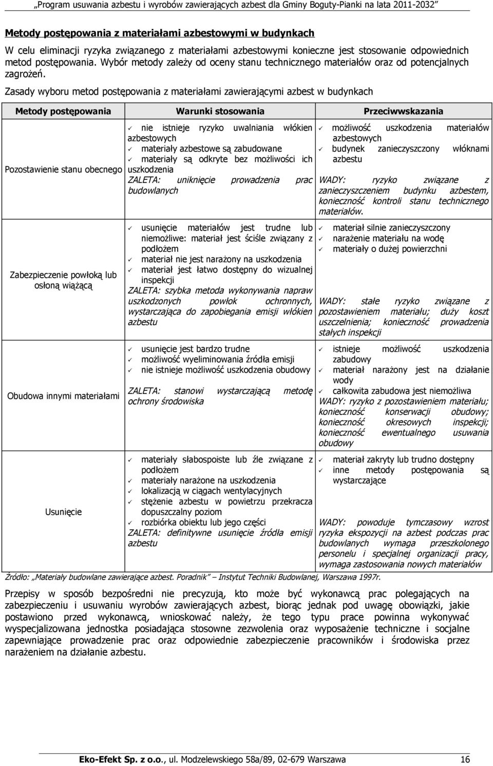 Zasady wyboru metod postępowania z materiałami zawierającymi azbest w budynkach Metody postępowania Warunki stosowania Przeciwwskazania Pozostawienie stanu obecnego Zabezpieczenie powłoką lub osłoną