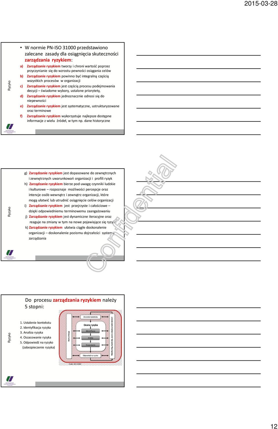 ustalone priorytety, d) Zarządzanie ryzykiem jednoznacznie odnosi się do niepewności e) Zarządzanie ryzykiem jest systematyczne, ustrukturyzowane oraz terminowe f) Zarządzanie ryzykiem wykorzystuje