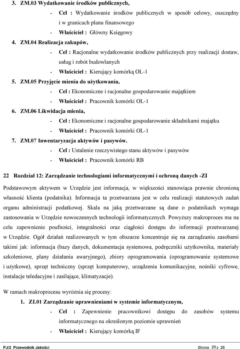 06 Likwidacja mienia, - Cel : Ekonomiczne i racjonalne gospodarowanie składnikami majątku - Właściciel : Pracownik komórki OL-1 7. ZM.07 Inwentaryzacja aktywów i pasywów.