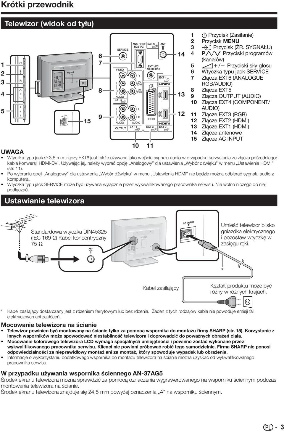 Złącze EXT (RGB) Złącze EXT (HDMI) Złącze EXT1 (HDMI) Złącze antenowe Złącze AC INPUT 10 11 Wtyczka typu jack Ø,5 mm złączy EXT6 jest także używana jako wejście sygnału audio w przypadku korzystania