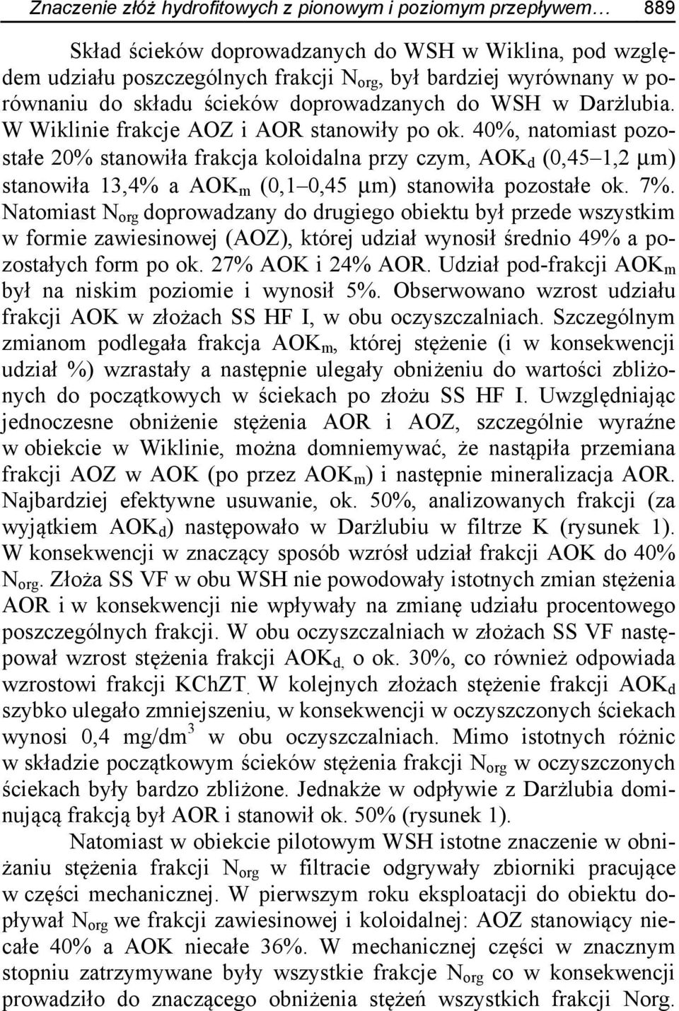 40%, natomiast pozostałe 20% stanowiła frakcja koloidalna przy czym, AOK d (0,45 1,2 μm) stanowiła 13,4% a AOK m (0,1 0,45 μm) stanowiła pozostałe ok. 7%.