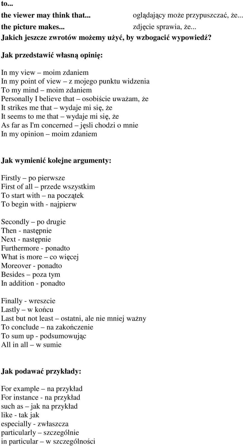 się, że It seems to me that wydaje mi się, że As far as I'm concerned jęsli chodzi o mnie In my opinion moim zdaniem Jak wymienić kolejne argumenty: Firstly po pierwsze First of all przede wszystkim