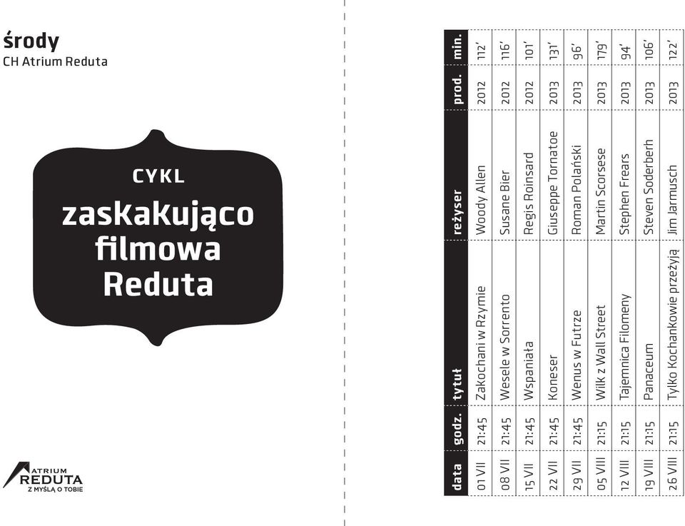 VII 21:45 Wenus w Futrze Roman Polański 2013 96' 05 VIII 21:15 Wilk z Wall Street Martin Scorsese 2013 179' 12 VIII 21:15 Tajemnica