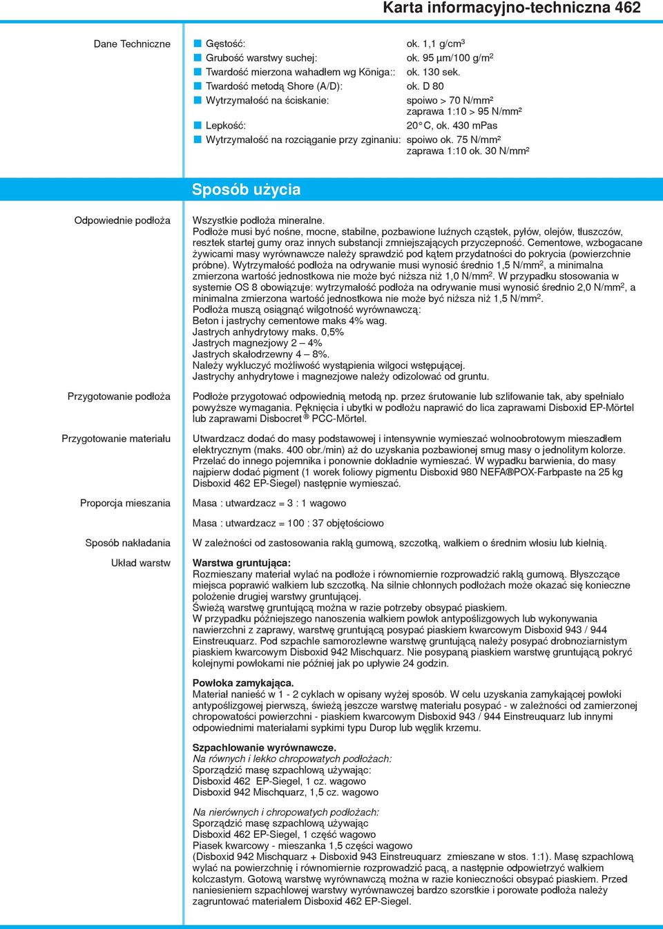 ok. 430 mpas spoiwo ok. 75 N/mm² zaprawa 1:10 ok. 30 N/mm² Sposób użycia Odpowiednie podłoża Przygotowanie podłoża Przygotowanie materiału Proporcja mieszania Wszystkie podłoża mineralne.