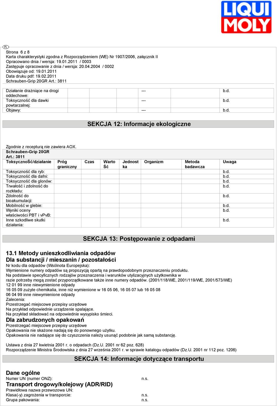 właściwości PBT i vpvb: Inne szkodliwe skutki działania: Próg graniczny Czas Warto Ść Jednost ka Organizm Metoda badawcza Uwaga SEKCJA 13: Postępowanie z odpadami 13.