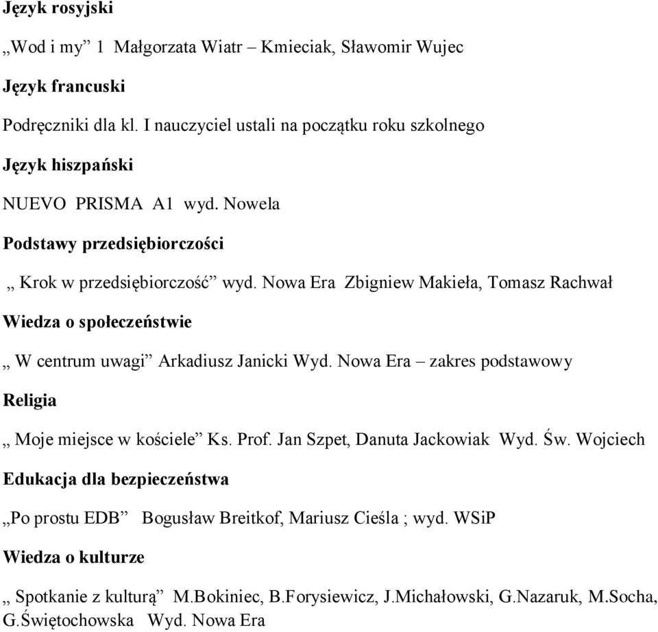 Nowa Era Zbigniew Makieła, Tomasz Rachwał Wiedza o społeczeństwie W centrum uwagi Arkadiusz Janicki Wyd. Nowa Era zakres podstawowy Religia Moje miejsce w kościele Ks. Prof.