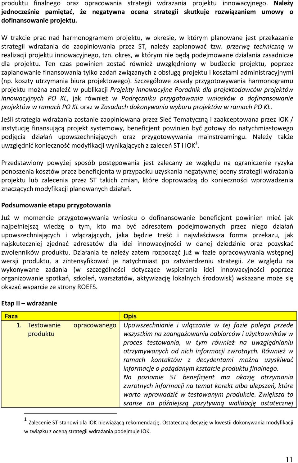 przerwę techniczną w realizacji projektu innowacyjnego, tzn. okres, w którym nie będą podejmowane działania zasadnicze dla projektu.