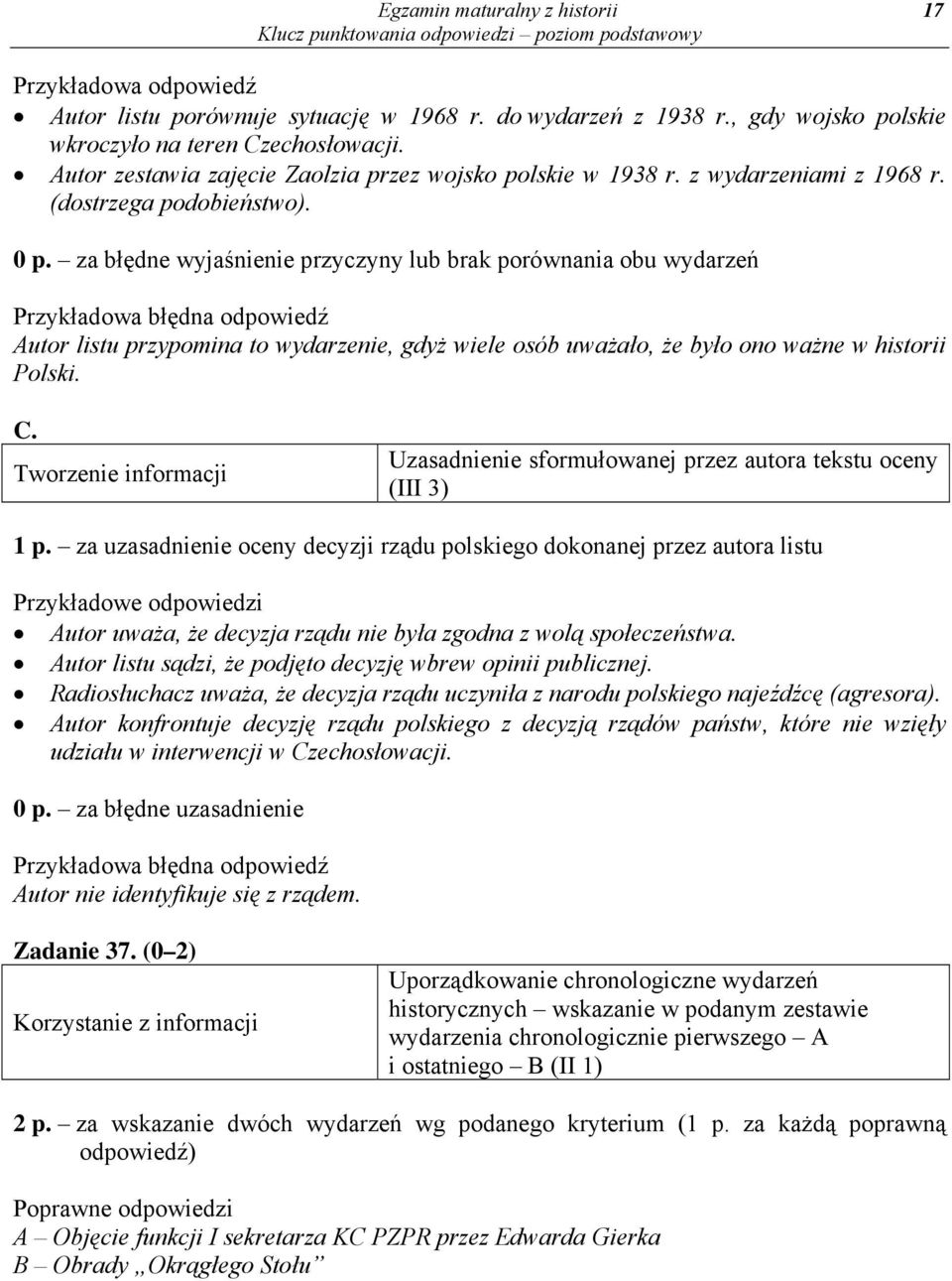 za błędne wyjaśnienie przyczyny lub brak porównania obu wydarzeń Przykładowa błędna odpowiedź Autor listu przypomina to wydarzenie, gdyż wiele osób uważało, że było ono ważne w historii Polski. C.