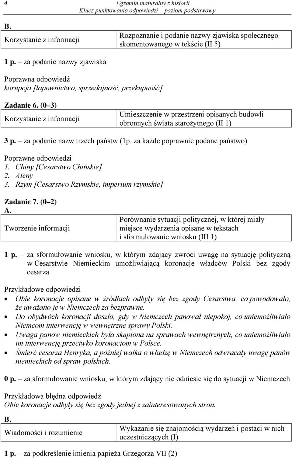 za podanie nazw trzech państw (1p. za każde poprawnie podane państwo) 1. Chiny [Cesarstwo Chińskie] 2. Ateny 3. Rzym [Cesarstwo Rzymskie, imperium rzymskie] Zadanie 7.