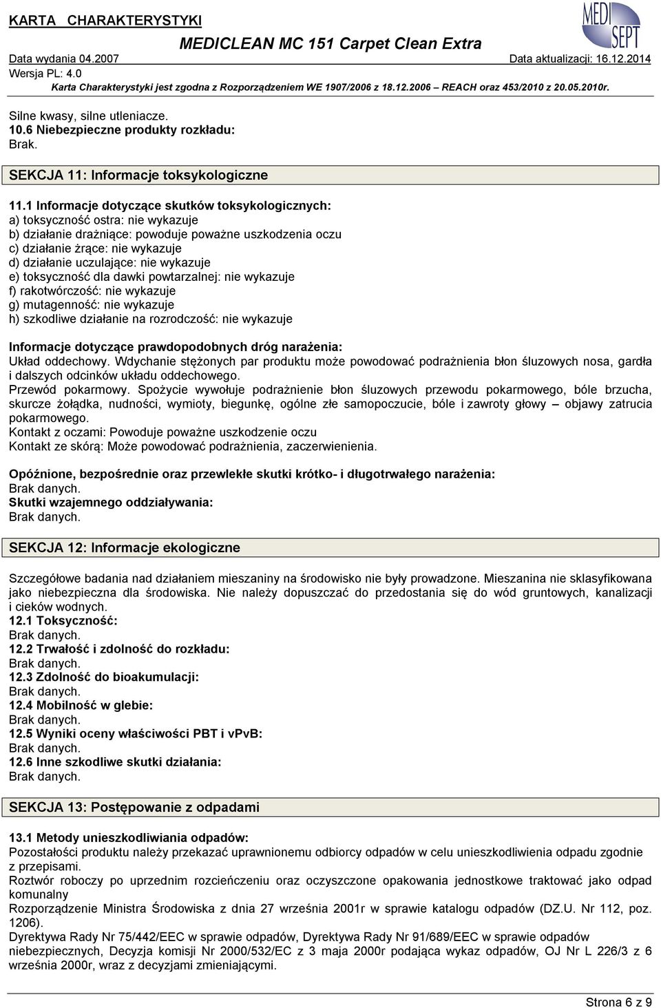 uczulające: nie wykazuje e) toksyczność dla dawki powtarzalnej: nie wykazuje f) rakotwórczość: nie wykazuje g) mutagenność: nie wykazuje h) szkodliwe działanie na rozrodczość: nie wykazuje Informacje