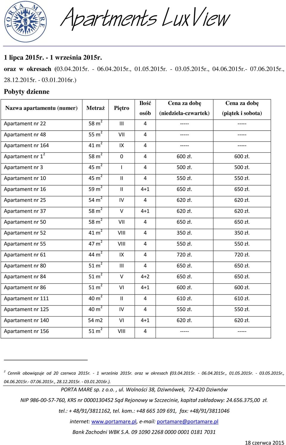 500 zł. Apartament nr 10 45 m 2 II 4 550 zł. 550 zł. Apartament nr 16 59 m 2 II 4+1 650 zł. 650 zł. Apartament nr 25 54 m 2 IV 4 620 zł. 620 zł. Apartament nr 37 58 m 2 V 4+1 620 zł. 620 zł. Apartament nr 50 58 m 2 VII 4 650 zł.