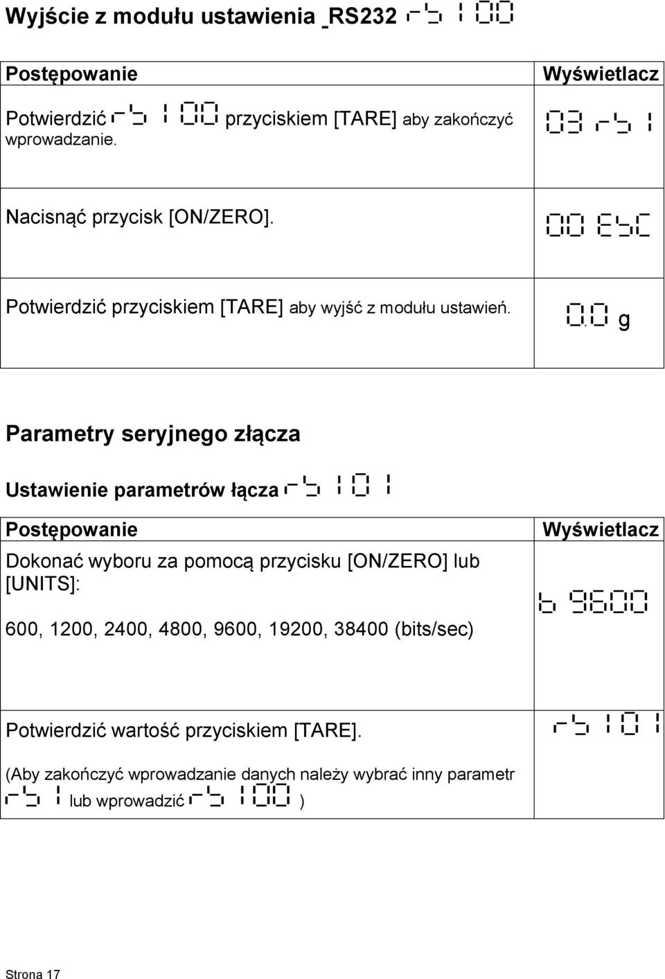 . g Parametry seryjnego złącza Ustawienie parametrów łącza Postępowanie Dokonać wyboru za pomocą przycisku [ON/ZERO] lub [UNITS]: