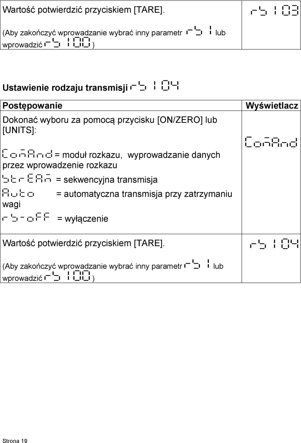 wyboru za pomocą przycisku [ON/ZERO] lub [UNITS]: Wyświetlacz = moduł rozkazu, wyprowadzanie danych przez wprowadzenie