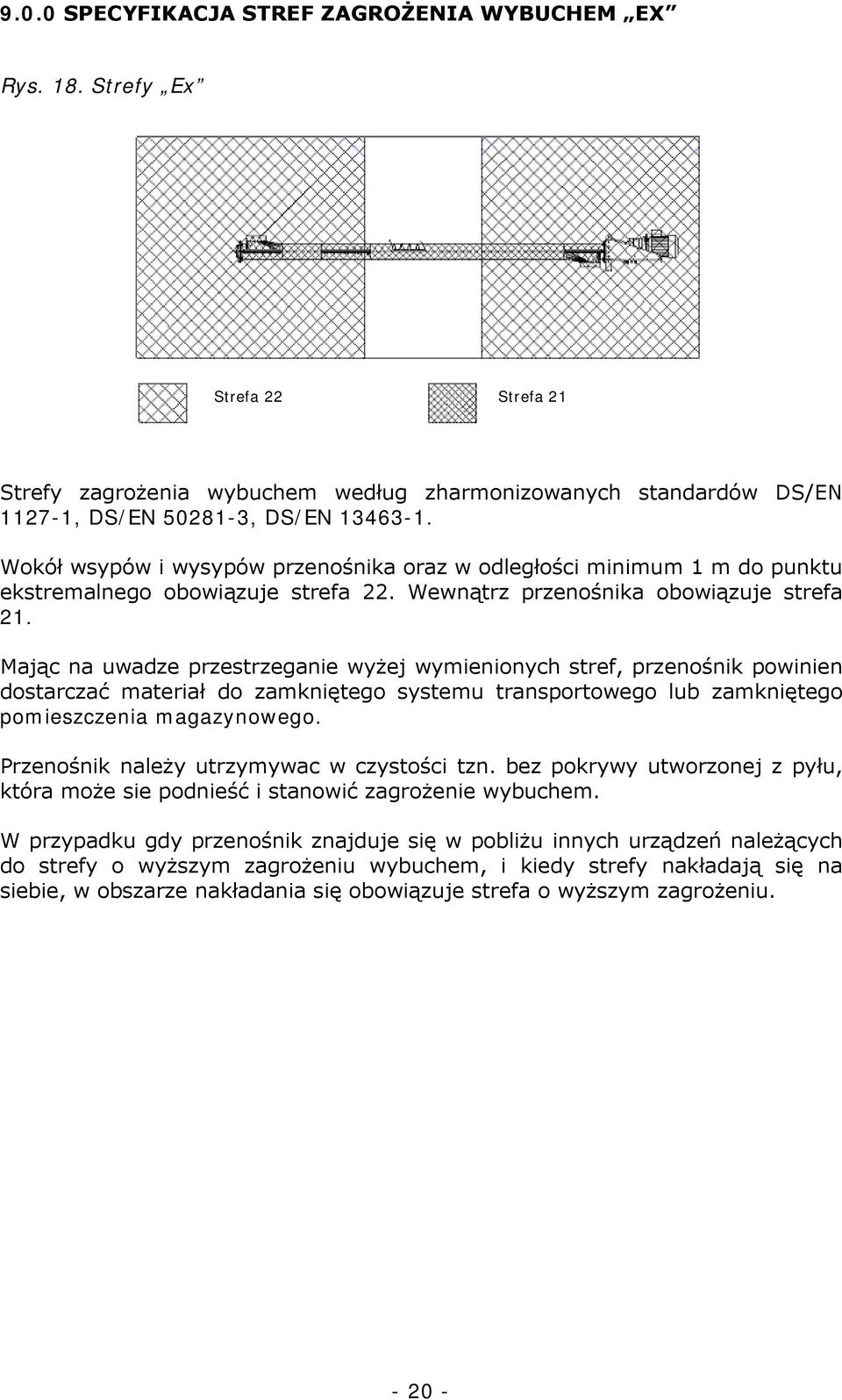 Mając na uwadze przestrzeganie wyżej wymienionych stref, przenośnik powinien dostarczać materiał do zamkniętego systemu transportowego lub zamkniętego pomieszczenia magazynowego.